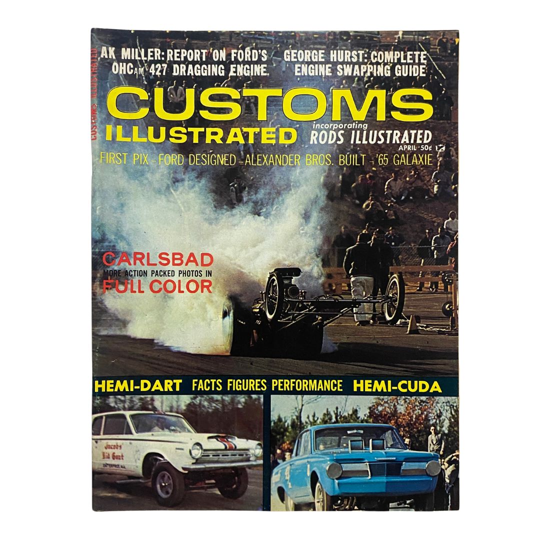 VTG Customs Illustrated Magazine April 1965 cover featuring classic cars, including the Hemi-Dart and Hemi-Cuda, showcasing mid-century car culture with action-packed photography and vivid colors.