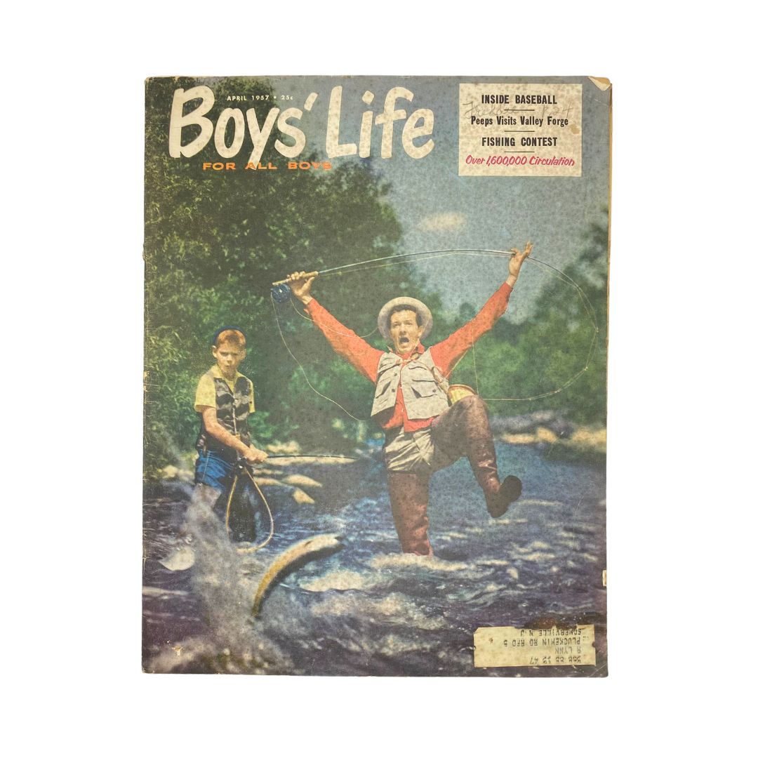 Cover of VTG Boys' Life for All Boys Magazine, April 1957, featuring a vintage fishing scene with a man in a hat enthusiastically catching a fish and a boy in a fishing vest, encapsulating themes of adventure and outdoor fun.