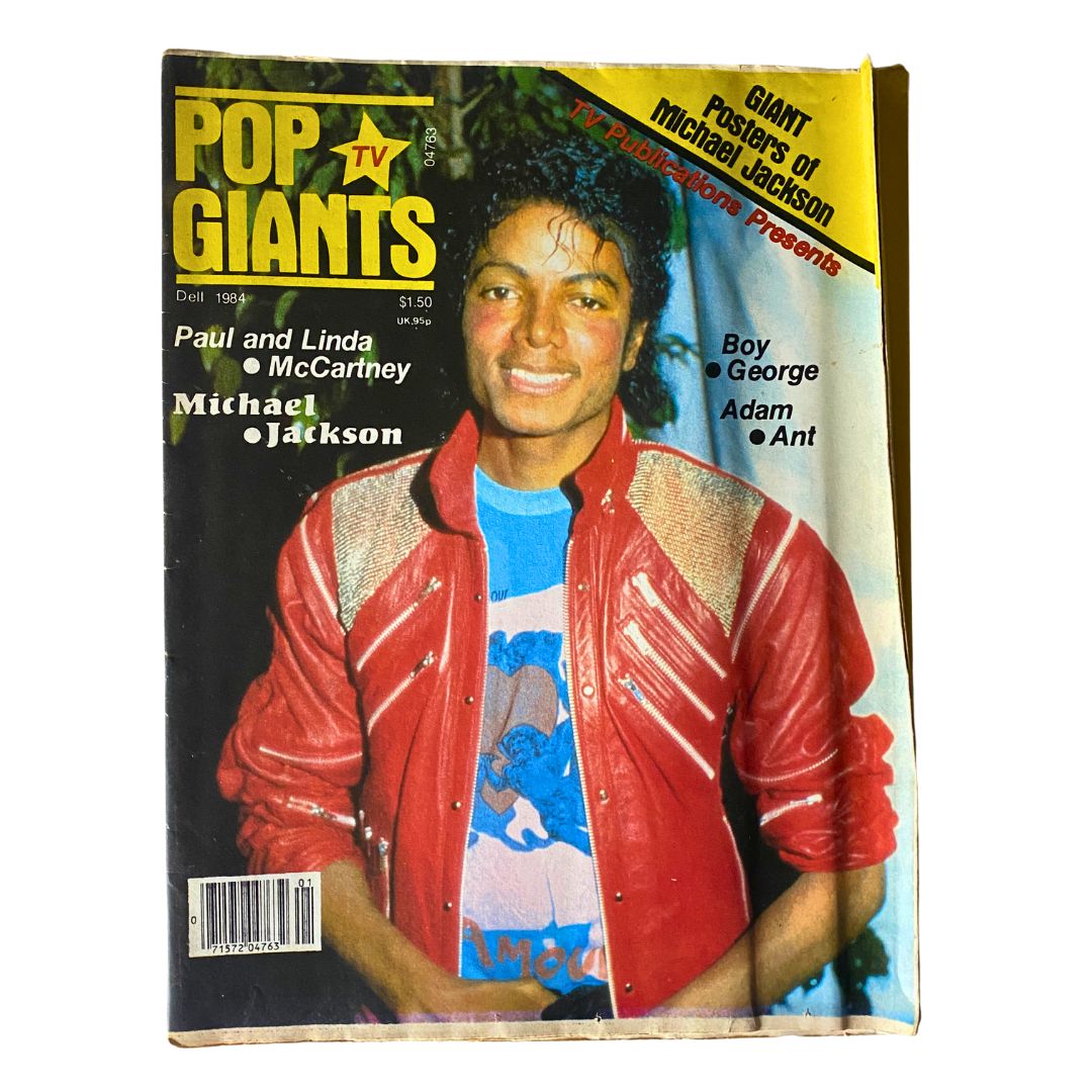 Vintage 1984 Pop TV Giants Magazine featuring Michael Jackson on the cover, dressed in a red jacket with a blue graphic t-shirt, showcasing pop culture history and including giant posters.