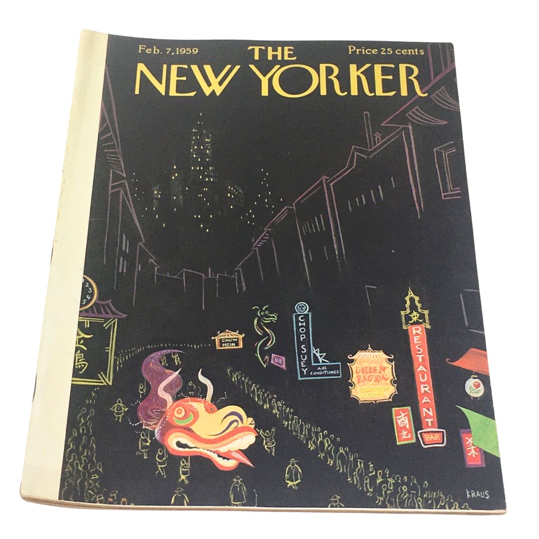 The New Yorker: February 7, 1959 Full Magazine featuring a colorful cover by Robert Klaus, depicting a vibrant Chinese New Year celebration with a dragon and signs in a festive city street.