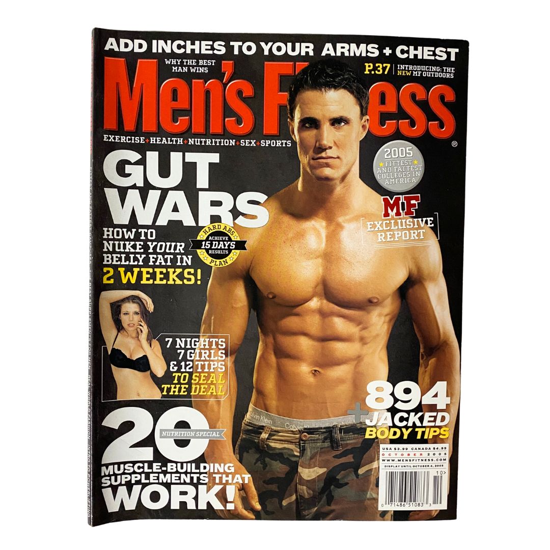 Men's Fitness Magazine October 2005 Greg Plitt Cover featuring Greg Plitt showcasing a fit physique with the title 'Gut Wars' and focus on fitness tips and workout regimes.