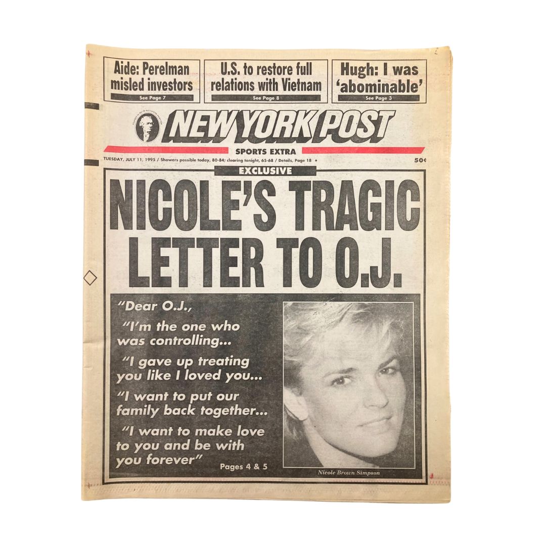 New York Post Newspaper July 11 1995 featuring Nicole Brown's tragic letter to O.J. The front cover displays bold headlines and a photograph of Nicole Brown Simpson, capturing a significant moment in media history.