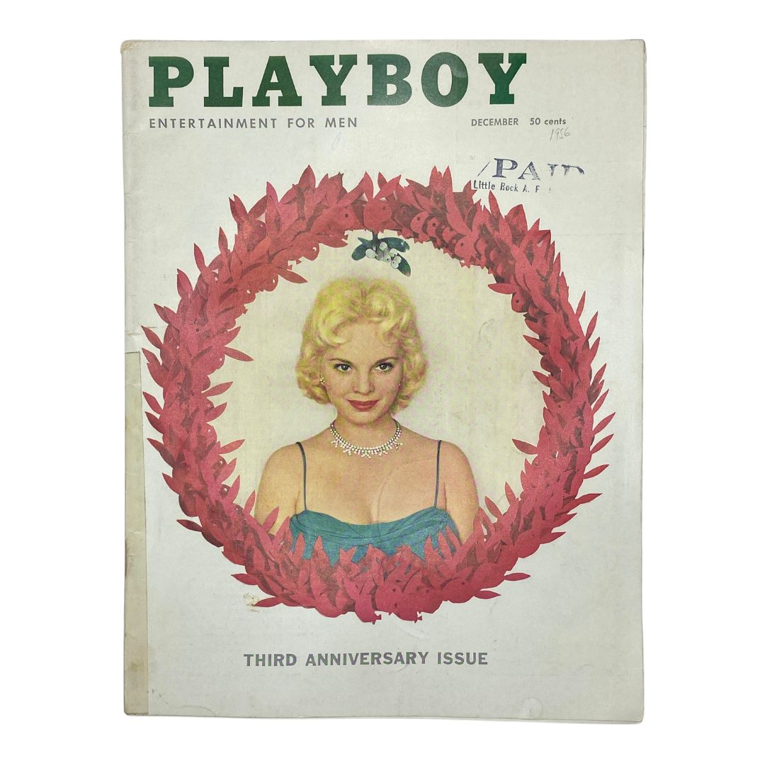 VTG Playboy Magazine December 1956 featuring Playmate Lisa Winters on the cover, surrounded by festive foliage for the Third Anniversary Issue.