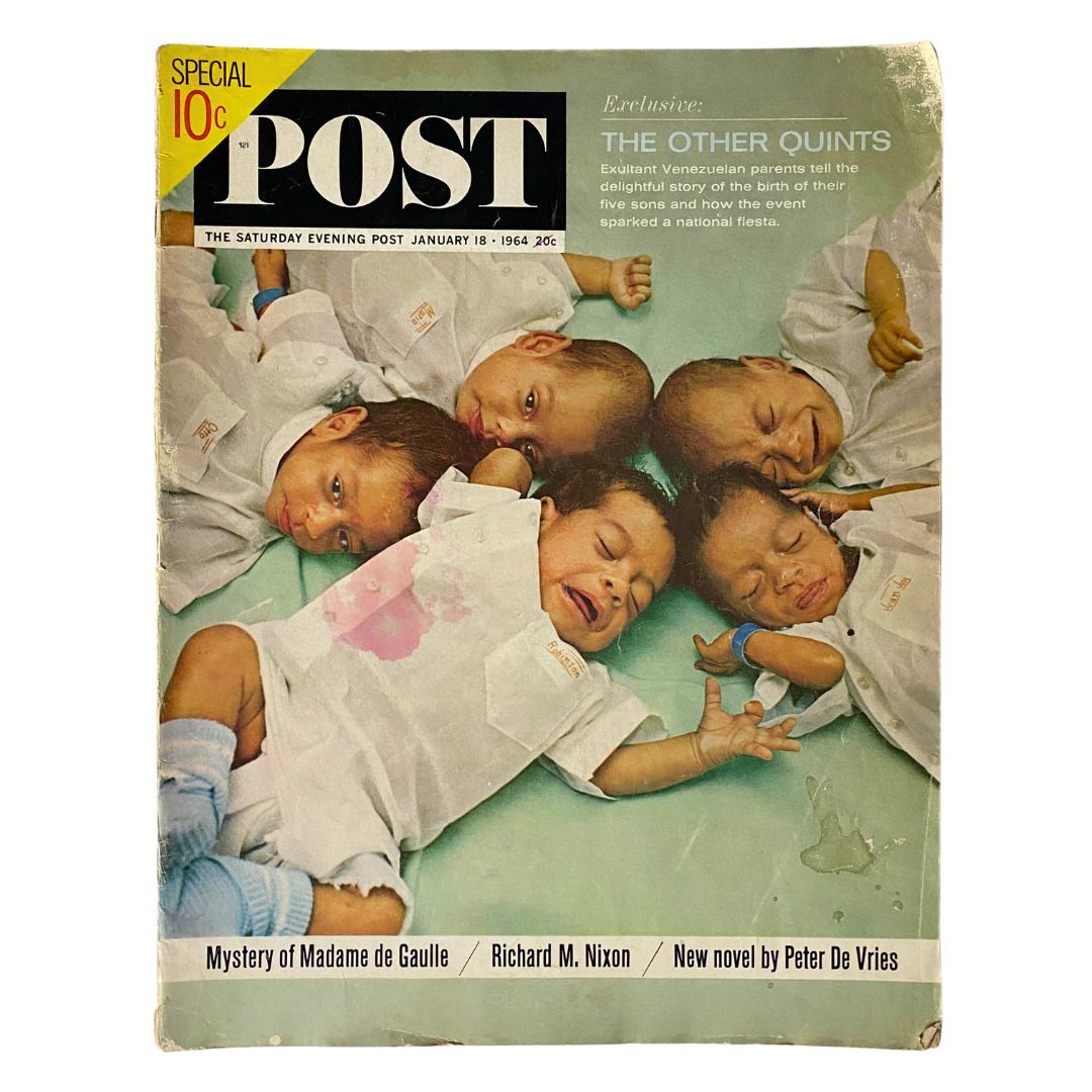 Cover of The Saturday Evening Post magazine from January 18, 1964, featuring the article 'The Other Quints.' The image showcases five infants lying on a green background, highlighting a nostalgic moment in mid-20th century American culture.