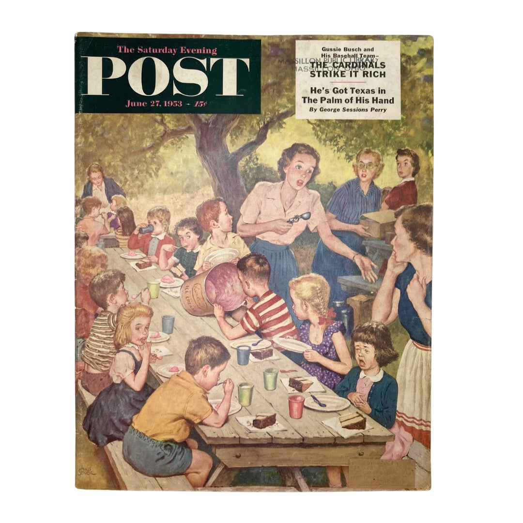 Cover of the Saturday Evening Post Magazine June 27, 1953 featuring 'Dessertless Tots' illustration by Amos Sewell, depicting children at a picnic table engaged in fun activities.