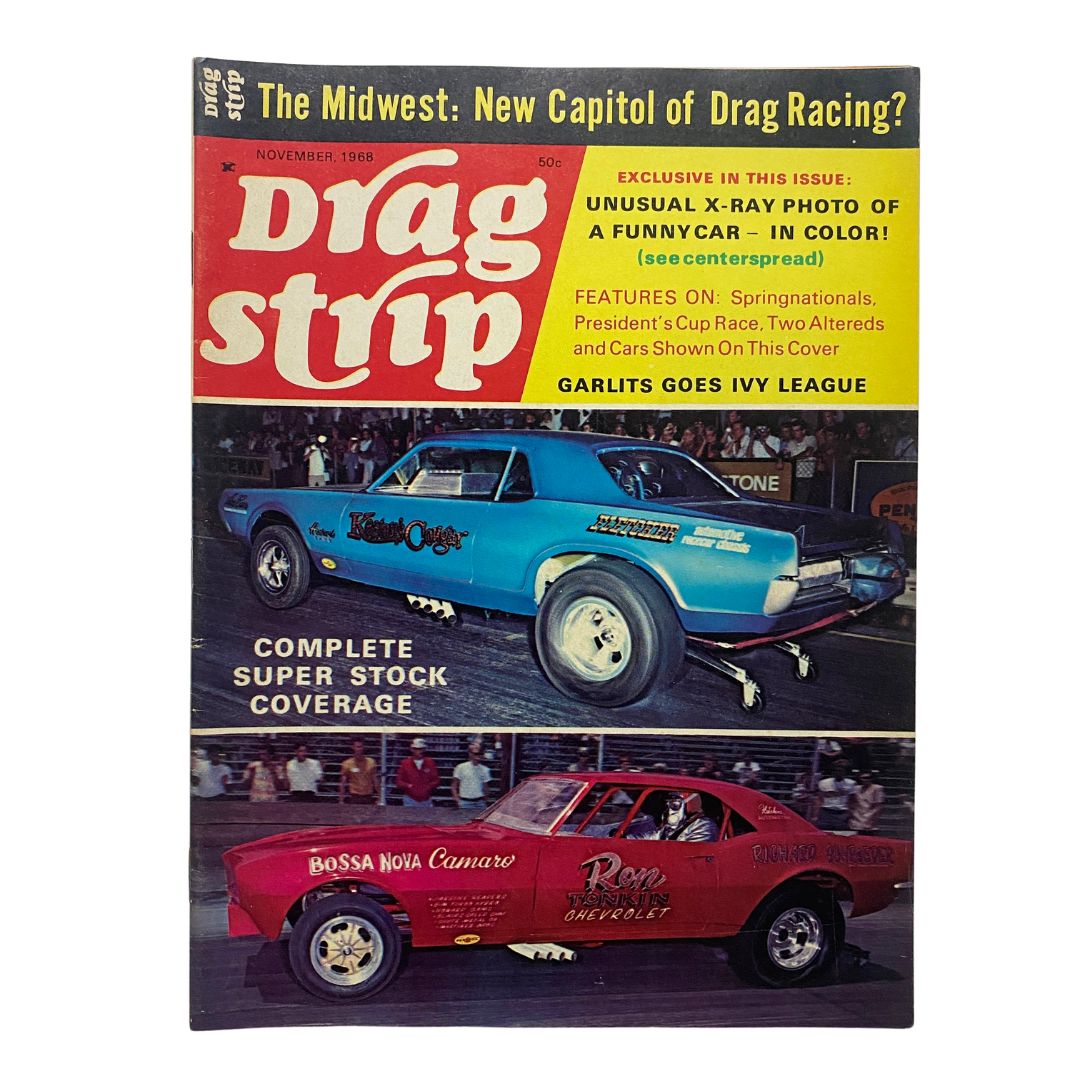 Cover of VTG Drag Strip Magazine November 1968 featuring Super Stock racing with a blue and red drag car, highlighting complete coverage of drag racing events.