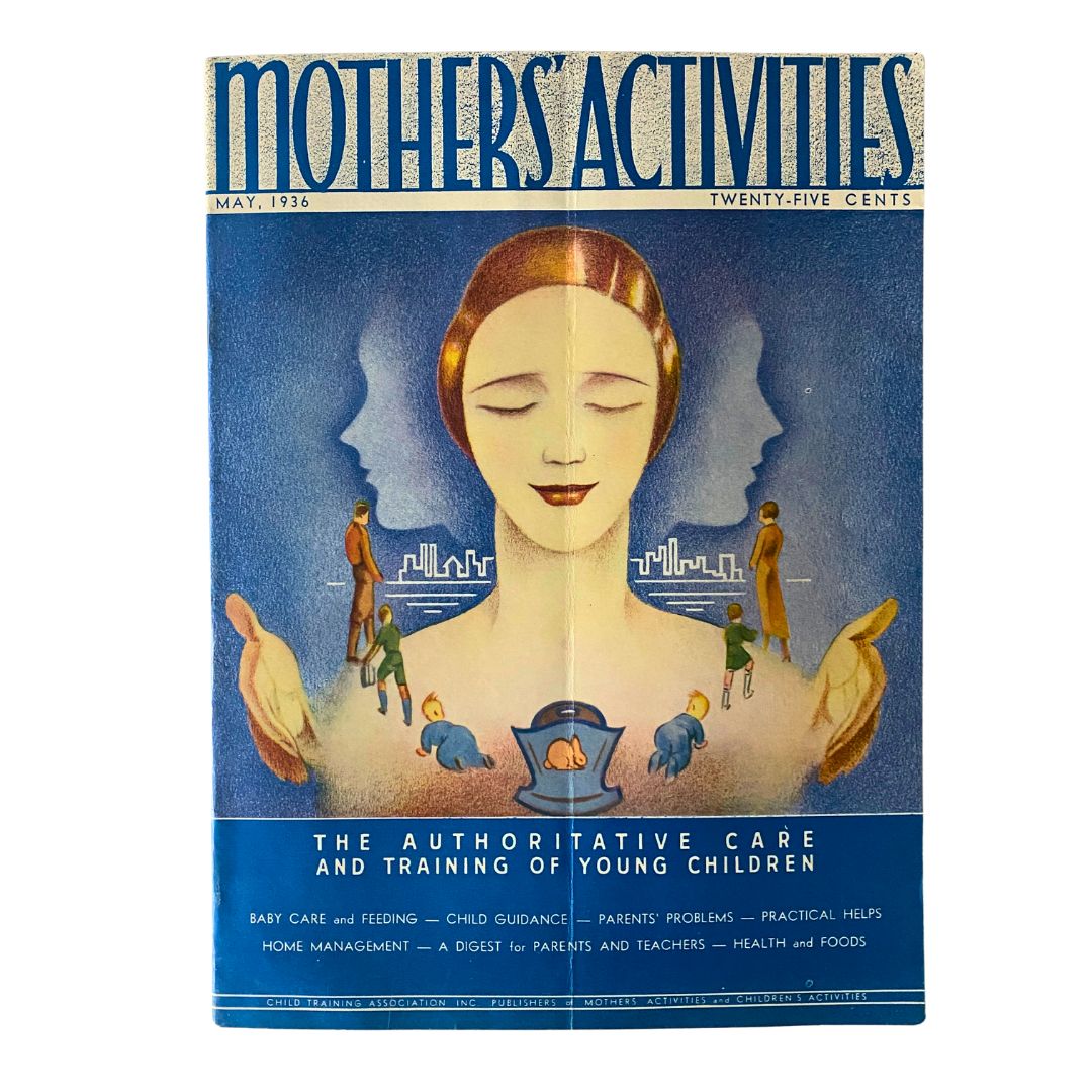 Cover of VTG Mother's Activities Magazine, May 1936, featuring the title and an illustration representing parenting and education.