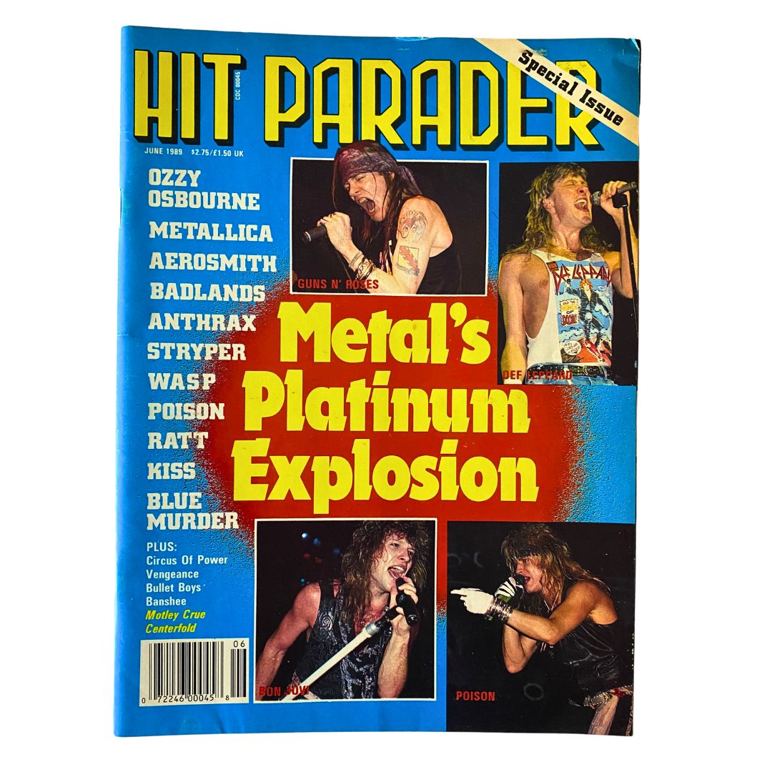 VTG Hit Parader Magazine June 1989 featuring Bon Jovi on the cover with the headline 'Metal's Platinum Explosion'. The cover showcases iconic rock artists like Ozzy Osbourne, Guns N' Roses, and Poison, reflecting the glam metal era.