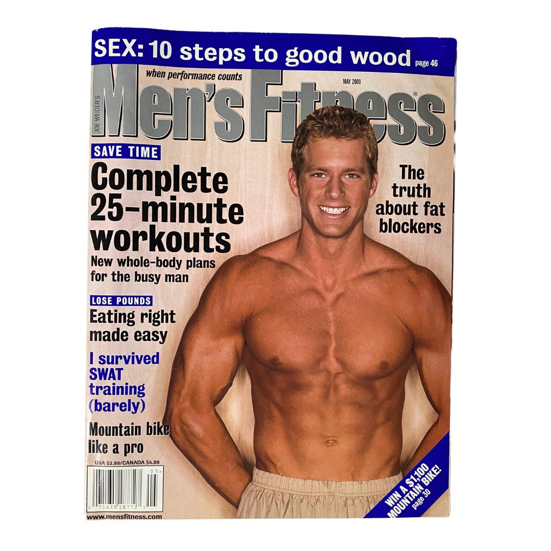 Men's Fitness Magazine May 2000 issue featuring Drew Waters on the cover. The magazine highlights fitness culture with articles on workouts, nutrition, and lifestyle tips, making it a collectible item for enthusiasts.
