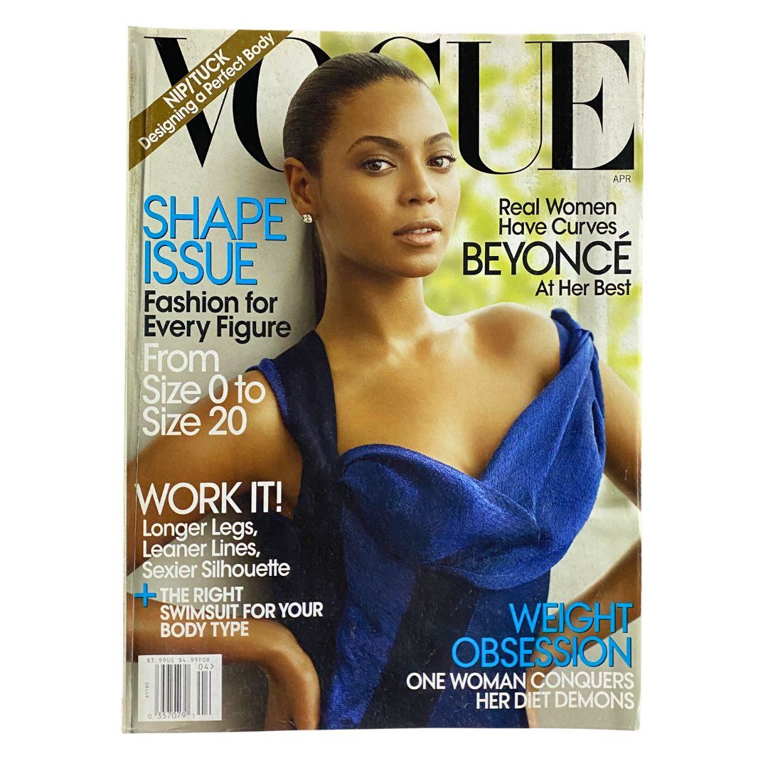 Vogue Magazine April 2009 featuring Beyoncé Knowles on the cover, showcasing the Shape Issue with a blue dress. Highlighting themes of beauty, health, and fashion.