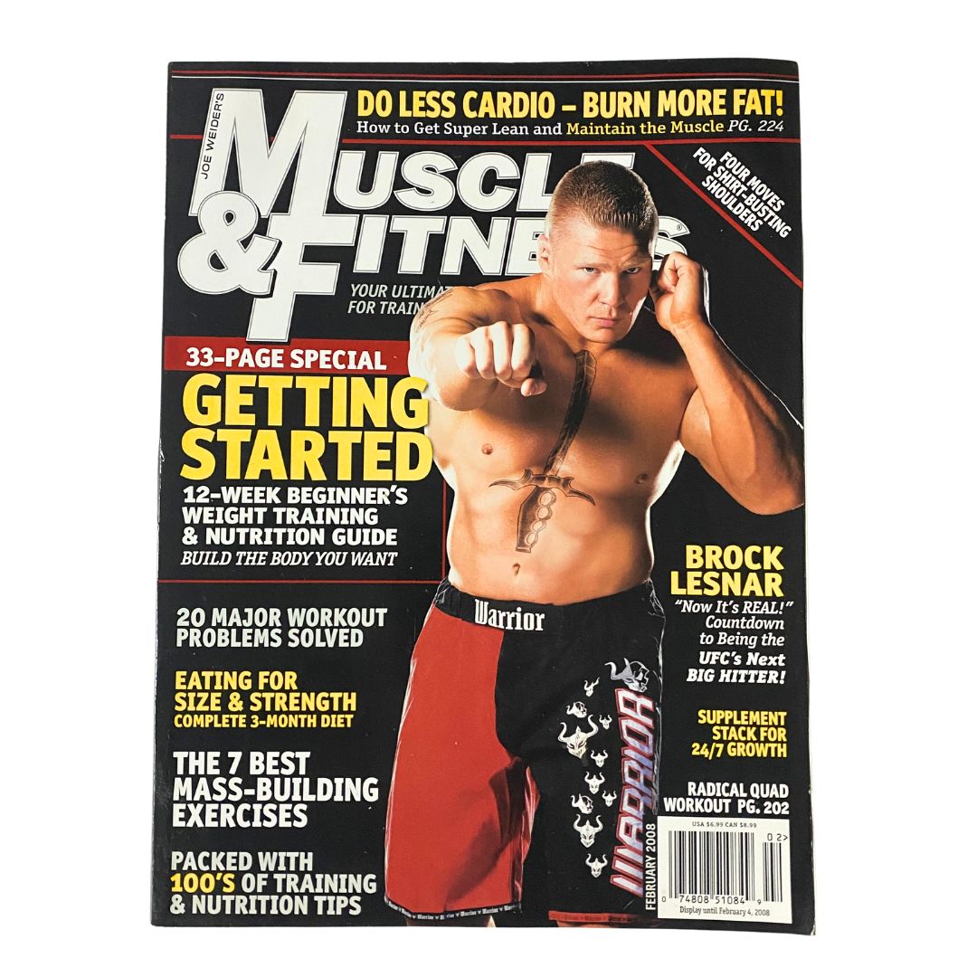 Muscle & Fitness Magazine February 2008 Vol 69 No. 2 featuring Brock Lesnar on the cover, showcasing fitness tips, workout routines, and bodybuilding insights.