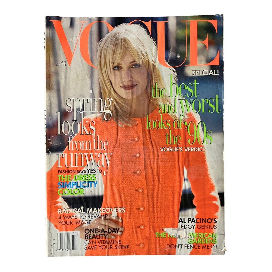 Vogue Magazine January 1996 cover featuring Amber Valletta, photographed by Steven Meisel, showcasing iconic 90s fashion.