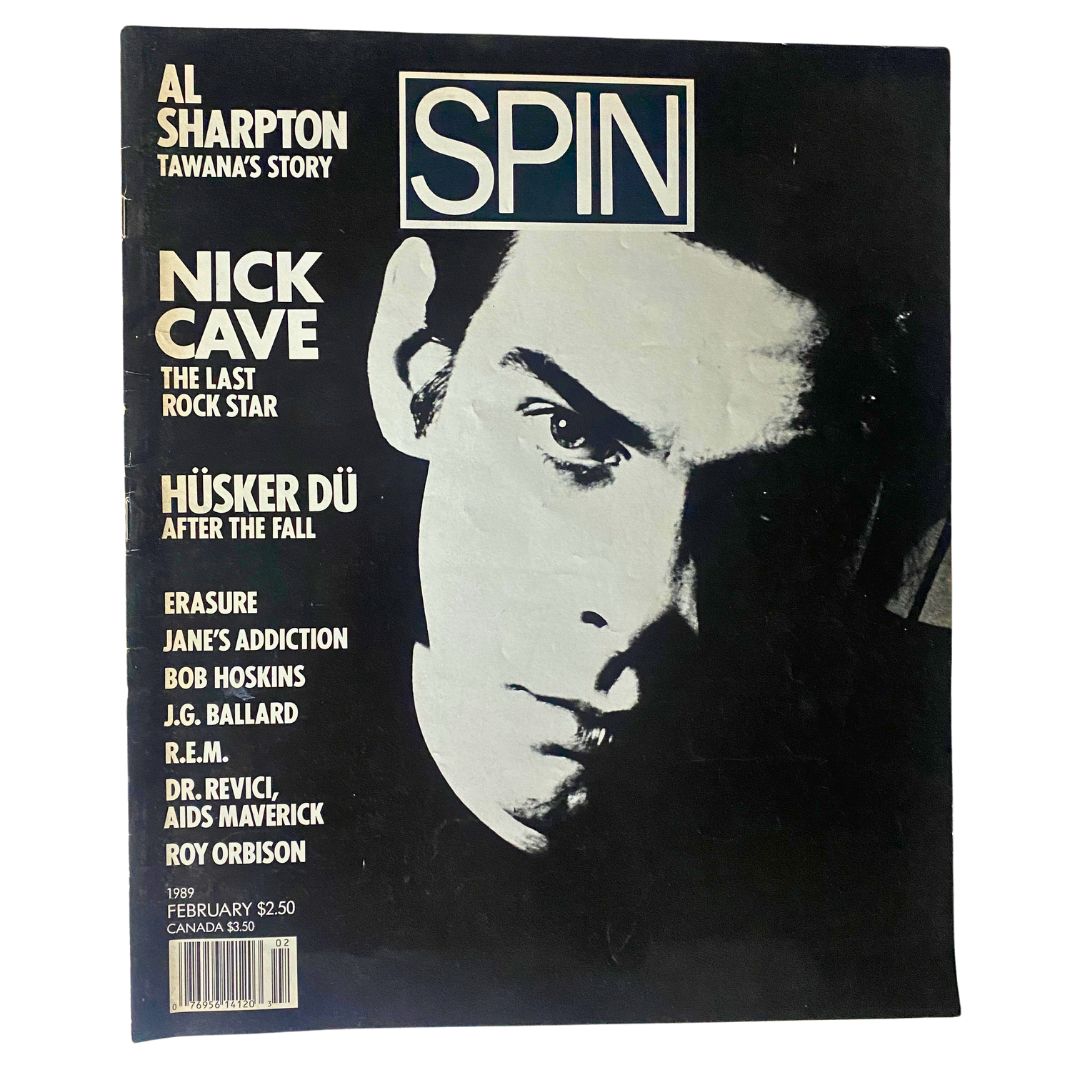 Cover of VTG Spin Magazine February 1989 featuring Nick Cave as 'The Last Rock Star', along with other artists and stories, highlighting the music culture of the late 1980s.