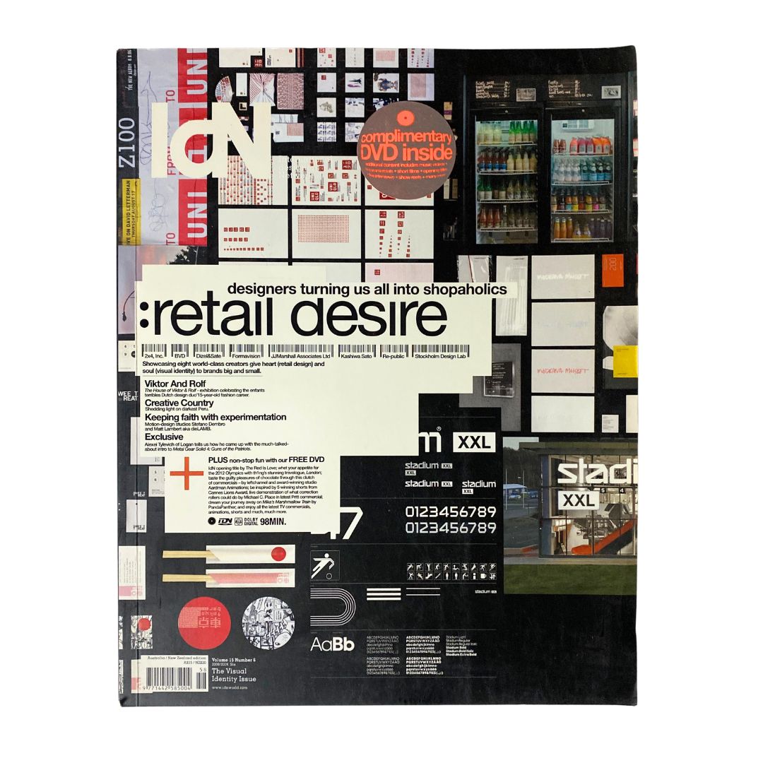 IdN Magazine 2008/2009 Vol 15 No. 6 'Design the Retail Revolution' cover featuring vibrant design elements and bold typography, showcasing retail design and culture.