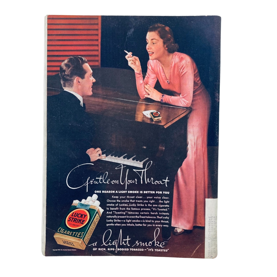 VTG Time Magazine February 22 1937 The Nizam of Hyderabad featuring a vintage advertisement for Lucky Strike cigarettes, showcasing a man playing piano and a woman in a pink dress, exemplifying the art and culture of the era.