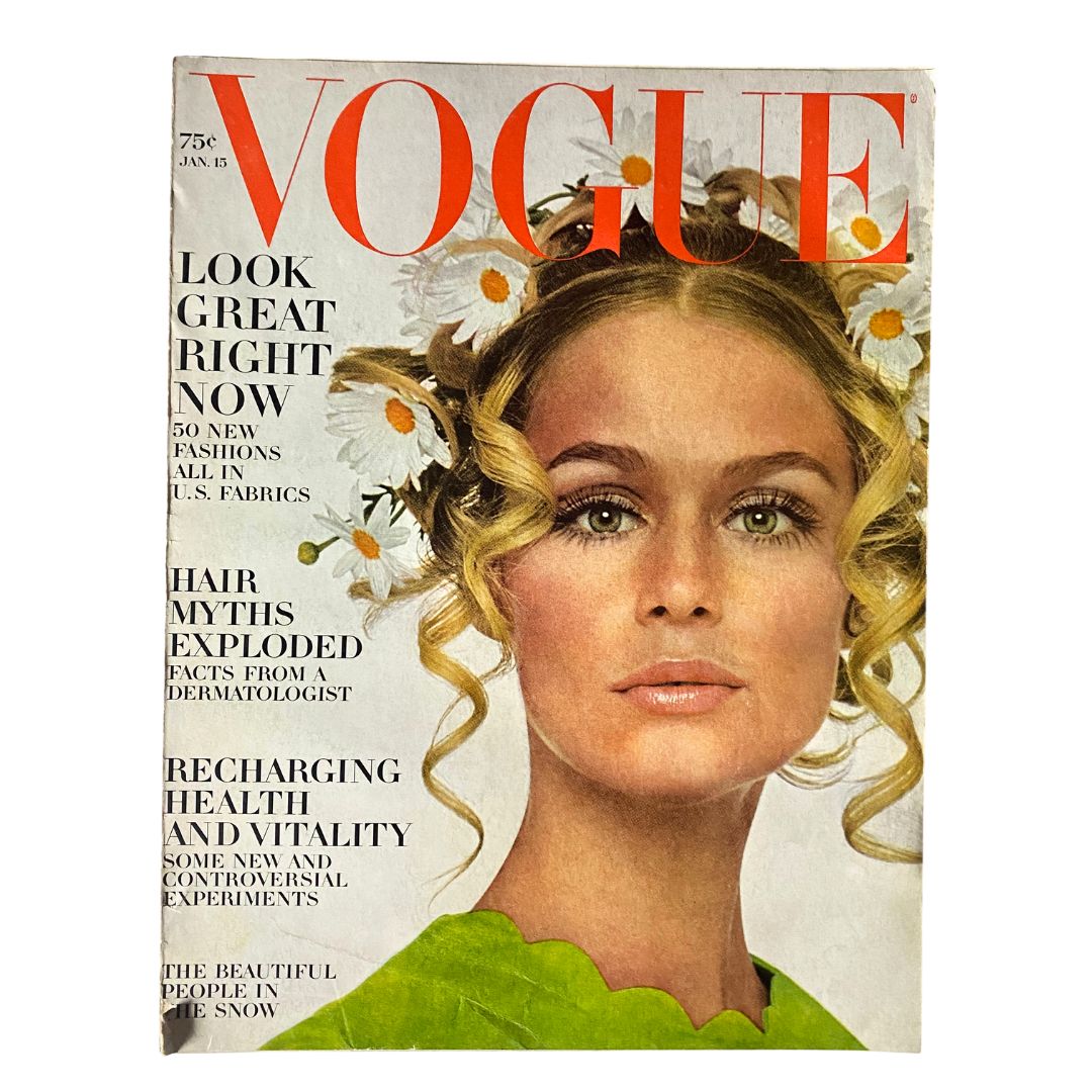 Vintage Vogue Magazine, January 15, 1968: Lauren Hutton featured with GD interior content.