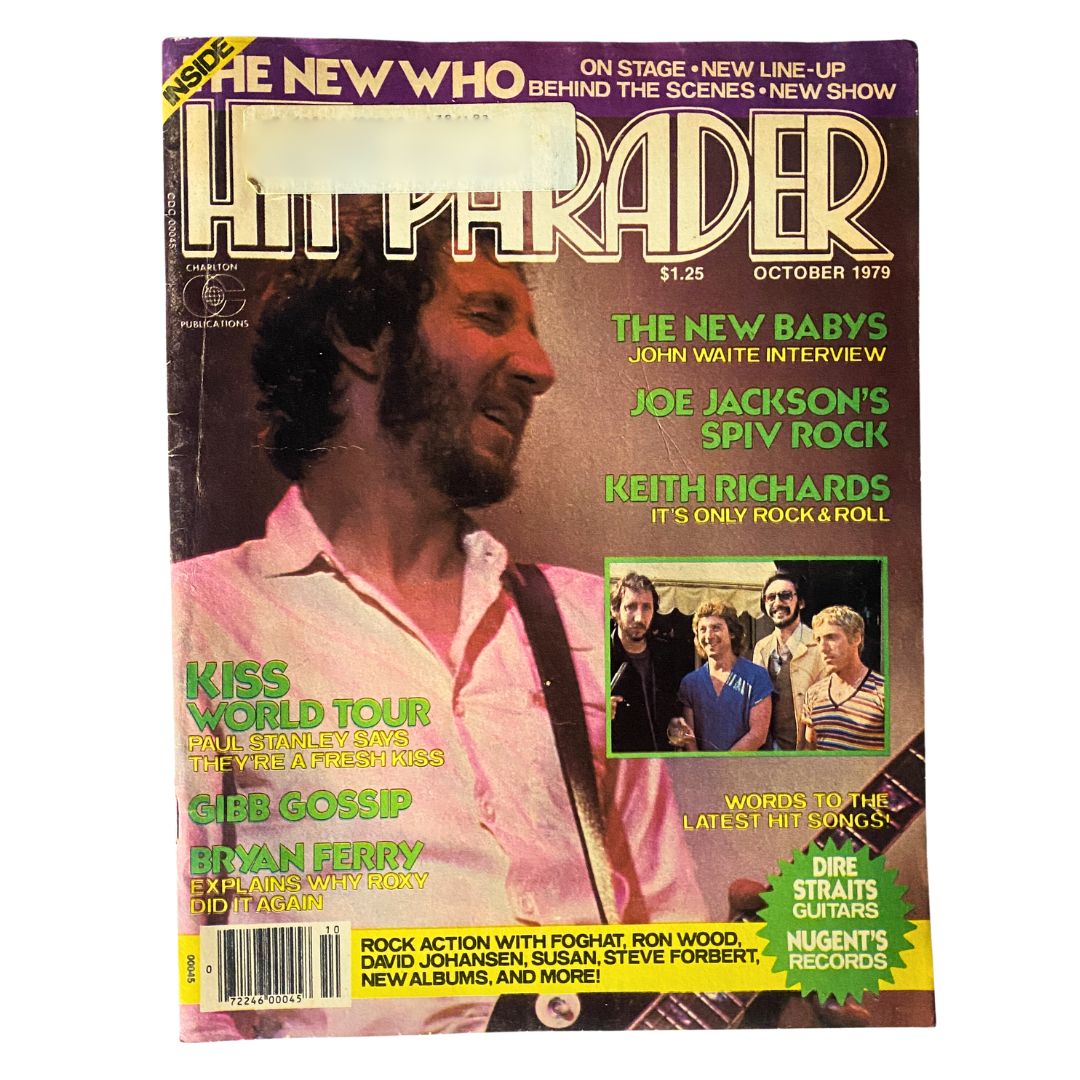 Vintage Hit Parader Magazine from October 1979 featuring The Who and Ron Wood, showcasing various music articles and artist interviews, with notable mentions of Kiss and Bryan Ferry.