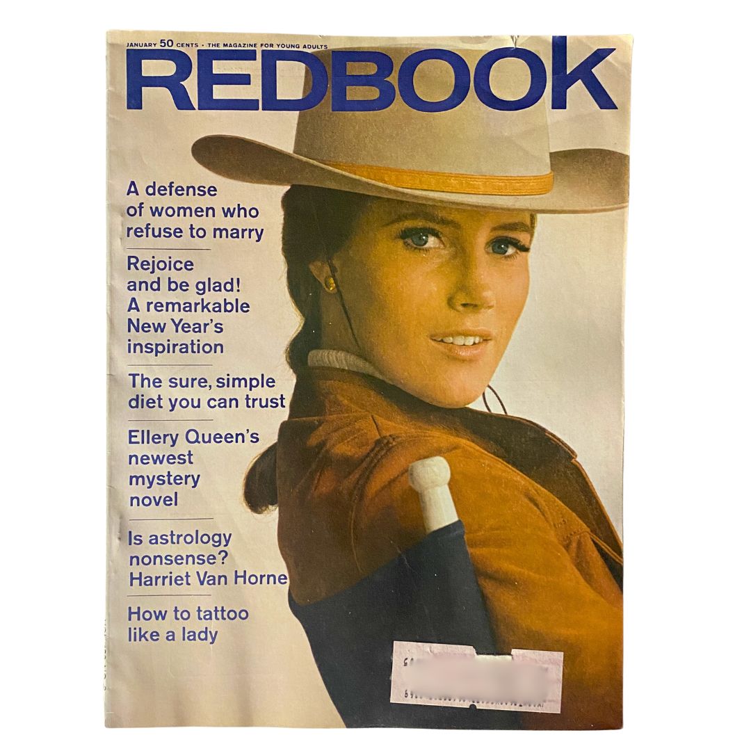 VTG Redbook Magazine January 1968 featuring a stylish woman in a cowboy hat on the cover, highlighting articles on women's issues, astrology, and a mystery novel by Ellery Queen, Volume 130, Number 3.
