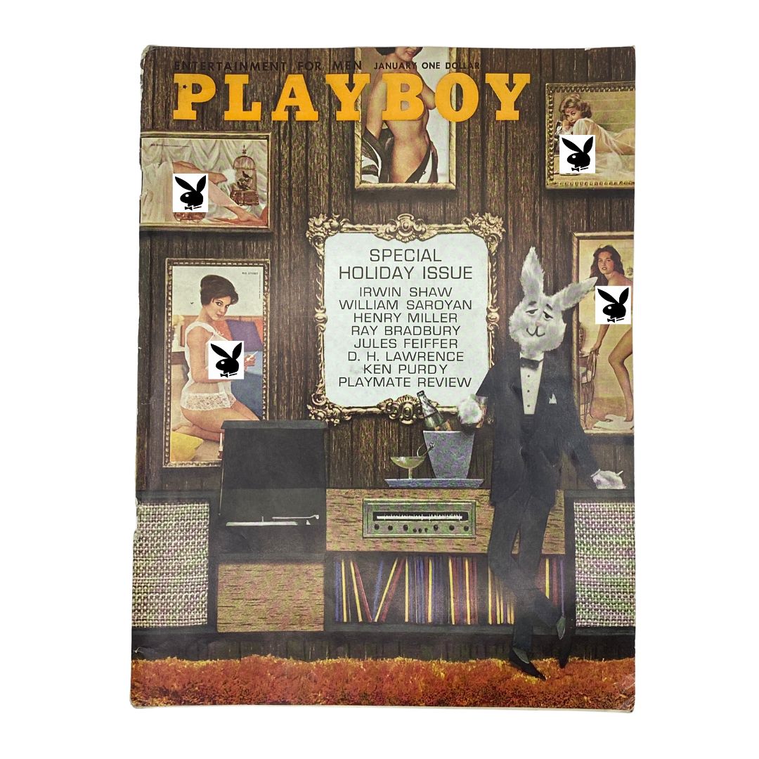 VTG Playboy Magazine January 1962 cover featuring Playmate Connie Cooper with festive holiday decorations and vintage interior design.