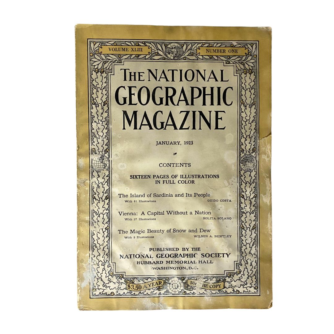 Cover of National Geographic Magazine January 1923 showcasing the title and contents page, highlighting the theme 'Magic Beauty of Snow and Dew'.