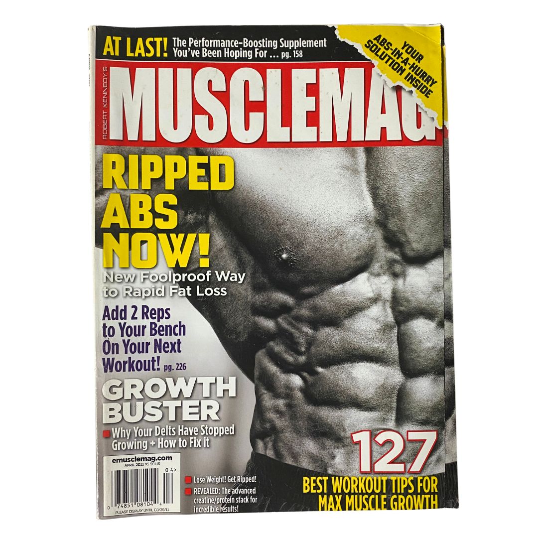 MuscleMag Magazine April 2011 No. 347 featuring Tamer El Shahat on the cover, showcasing ripped abs and workout tips for fat loss and muscle growth.