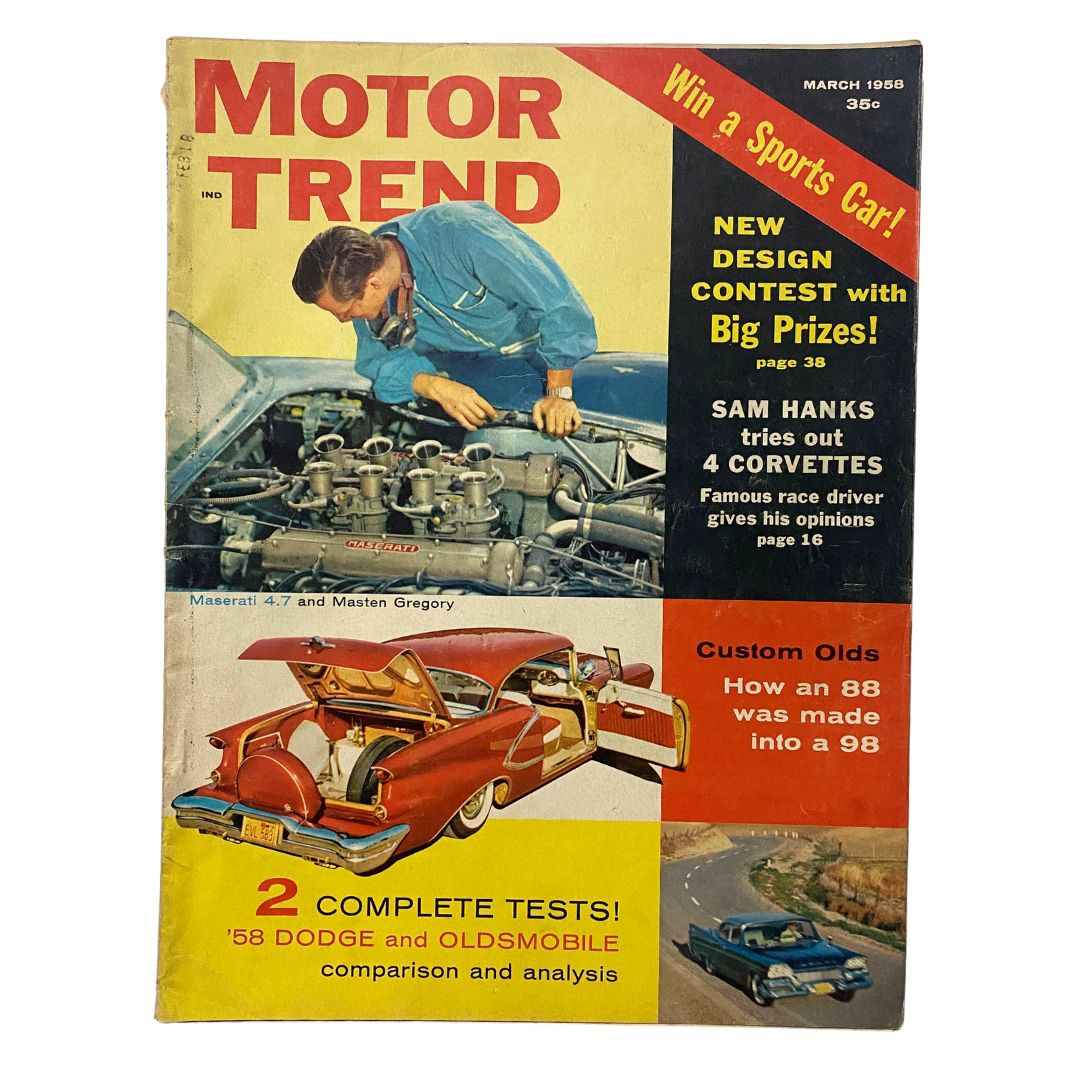 Cover of VTG Motor Trend Magazine March 1958 featuring Maserati 4.7 and Masten Gregory, highlighting automotive history and news.