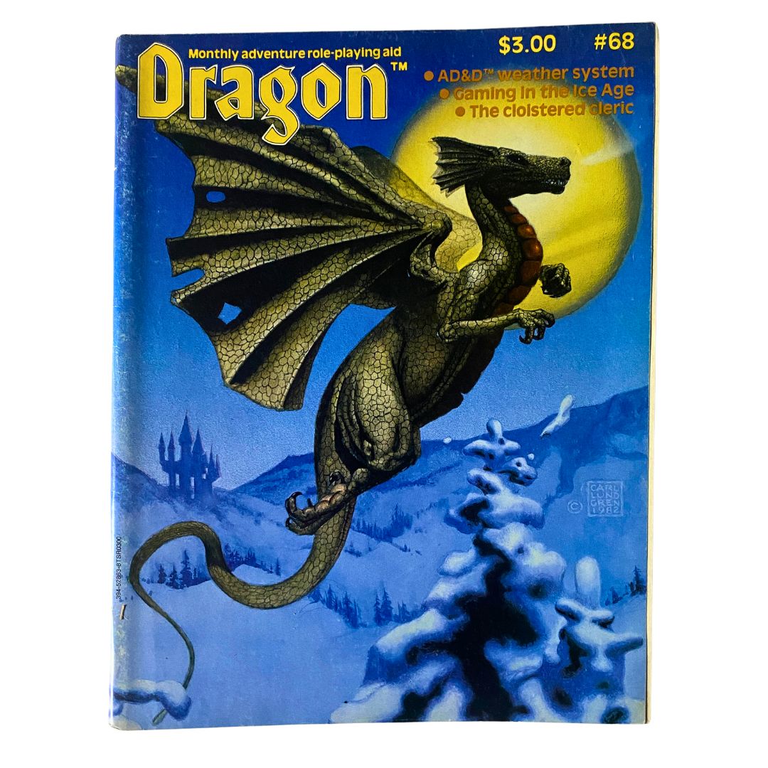Cover of VTG Dragon Magazine December 1982 #68 featuring a fantasy dragon under a full moon, representing the World of Greyhawk.