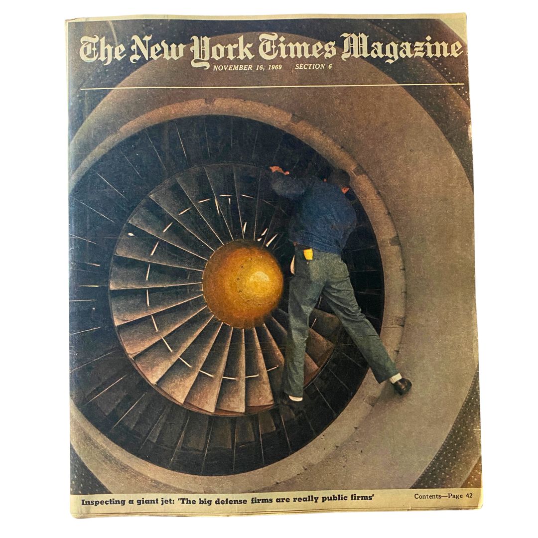 The New York Times Magazine November 16 1969 cover showcasing a technician inspecting the turbine of a giant jet, reflecting the aviation advancements of the era.