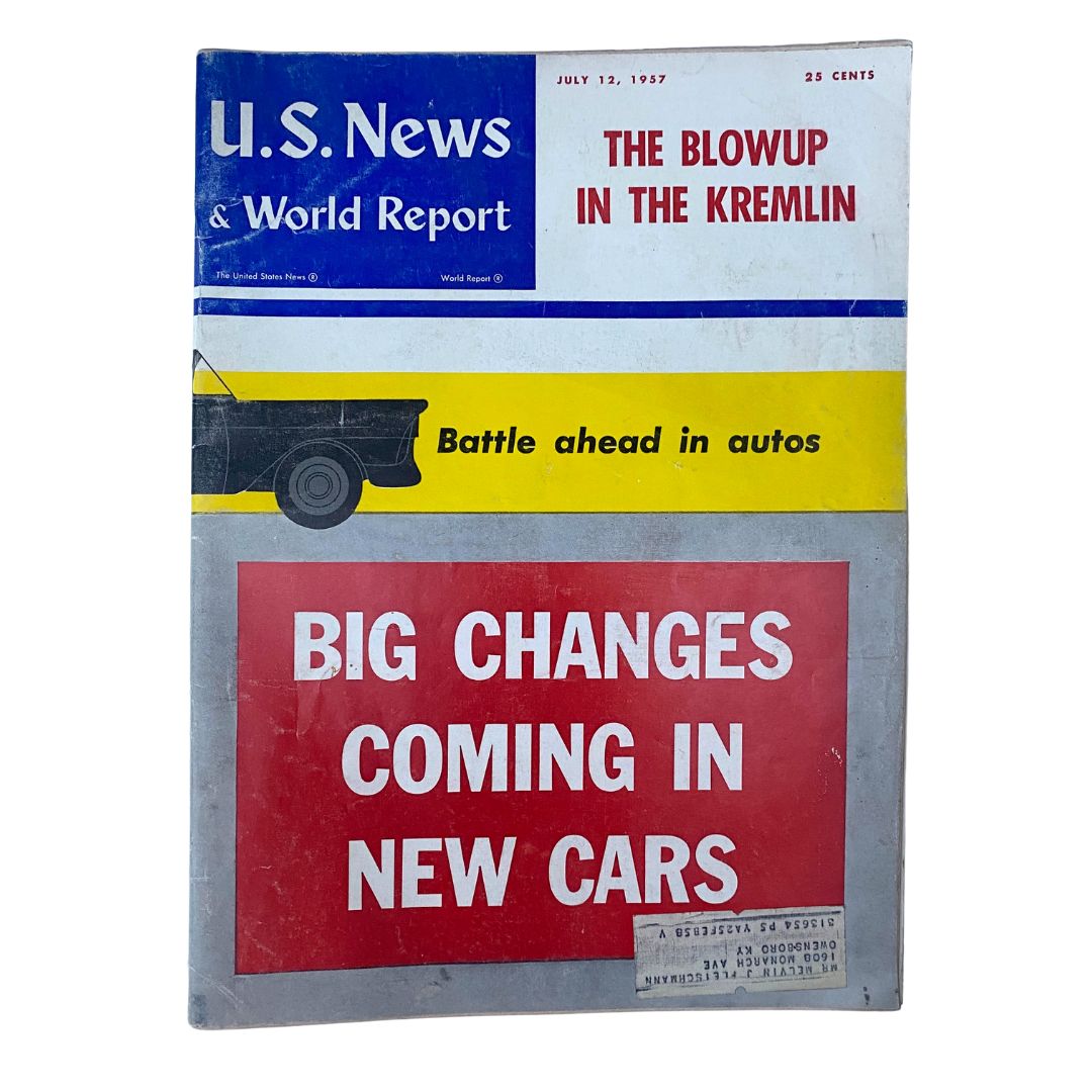 Cover of the US News & World Report Magazine from July 12, 1957, titled 'The Blowup in The Kremlin', featuring headlines about political events in the Soviet Union and automotive industry changes.