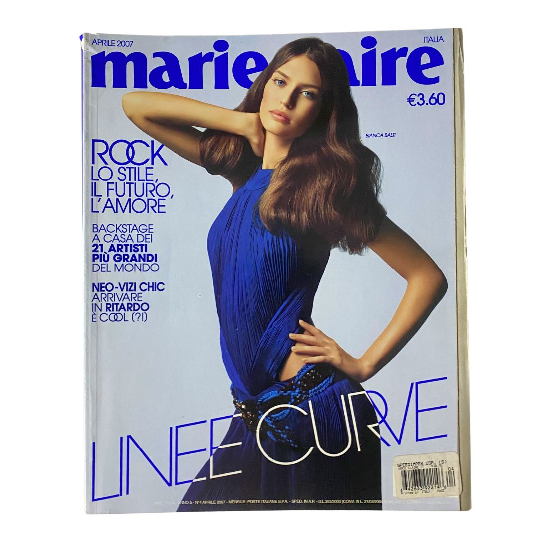 Marie Claire Italy Magazine April 2007 cover featuring supermodel Bianca Balti in a blue dress, showcasing contemporary fashion trends of the mid-2000s.