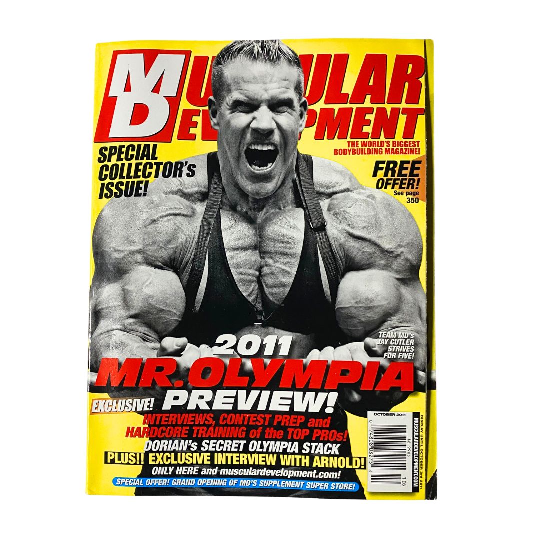 Muscular Development Magazine October 2011 featuring Jay Cutler on the cover, showcasing intense bodybuilding imagery and promotional information about the 2011 Mr. Olympia event.