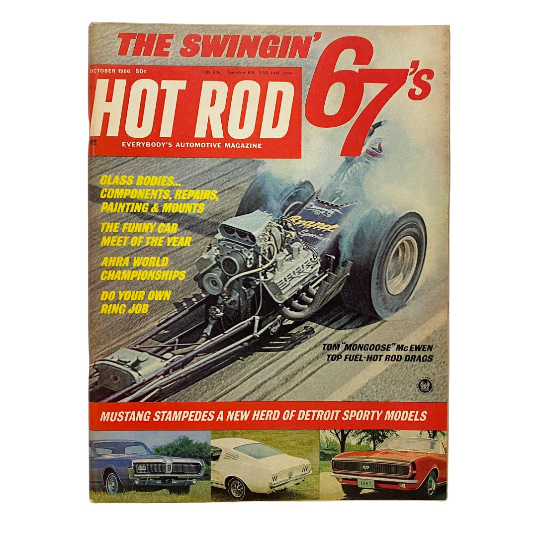 VTG Hot Rod Magazine October 1966 featuring Mustang Stampedes of Sporty Models, showcasing vintage car culture with dynamic cover design and automotive illustrations.