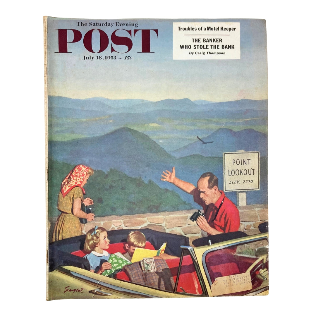 Cover of the Saturday Evening Post Magazine, July 18, 1953, featuring an illustration titled 'Vacation Convulsion' by Dick Sargent, depicting a family during a summer vacation in a car.