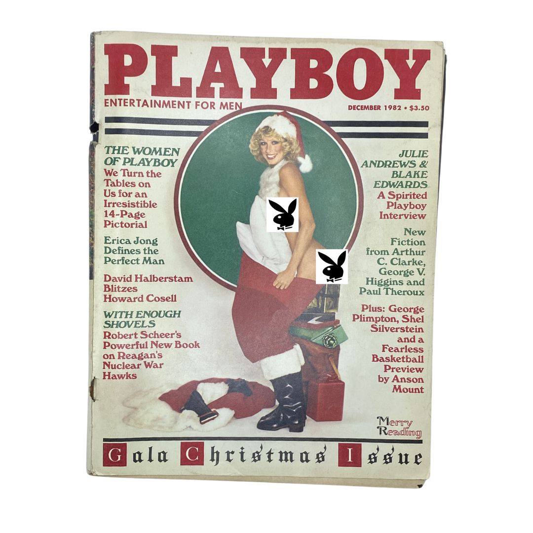 VTG Playboy Magazine December 1982 featuring Charlotte Kemp on the cover, showcasing a festive Christmas theme with a captivating layout and various articles. A collectible item from the Original Magazines vendor.
