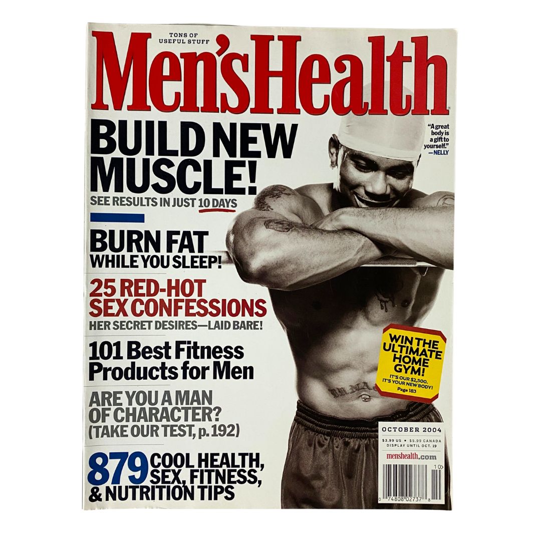 Cover of Men's Health Magazine October 2004 featuring a muscular man promoting fitness with the headline 'Build New Muscle!' and articles on health, fitness, and lifestyle.