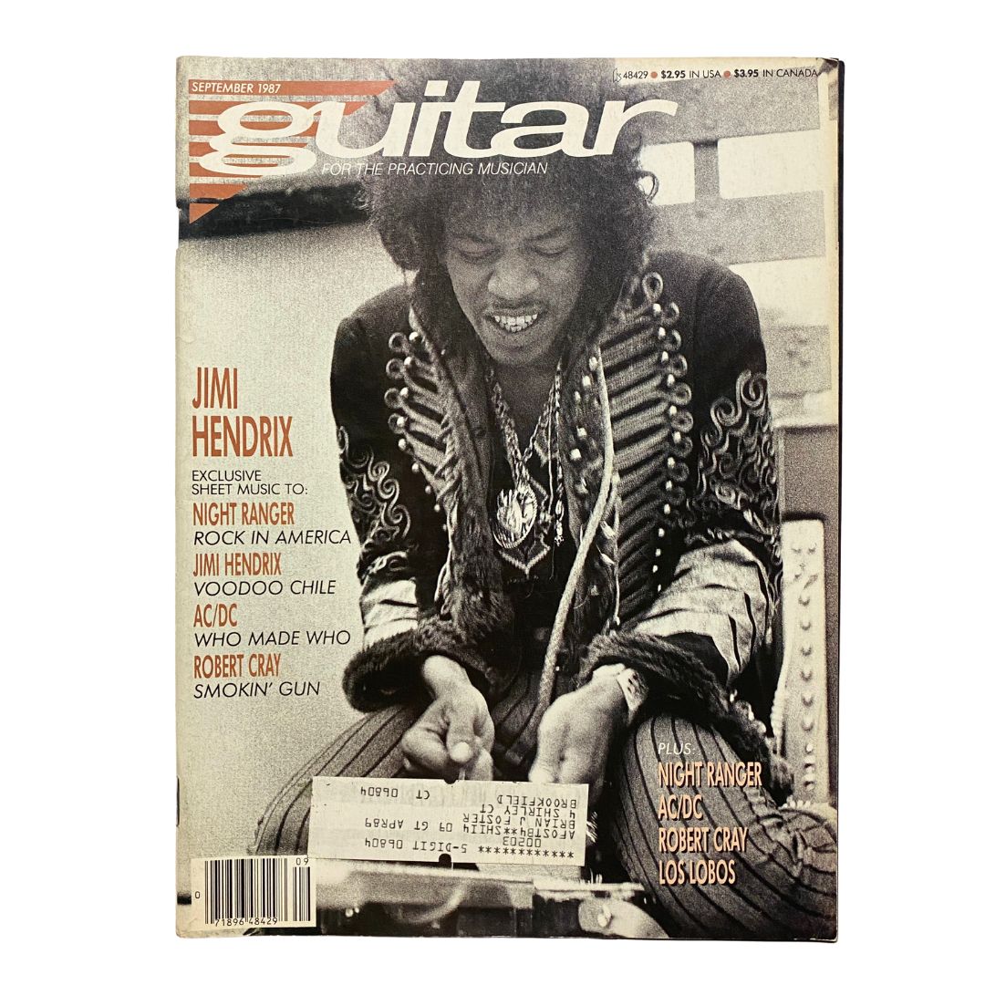 Guitar for the Practicing Musician Magazine September 1987 cover featuring Jimi Hendrix, showcasing articles on guitar techniques and music trends of the 1980s, in very good condition with light wear.
