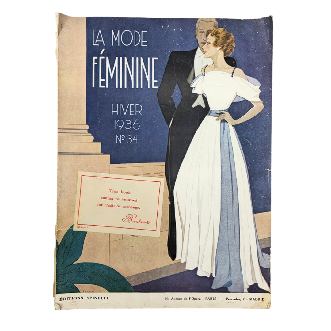 Cover of 1936 Hiver No. 34 La Mode Feminine Chronique De La Mode magazine featuring a stylish couple, showcasing vintage fashion from the 1930s.