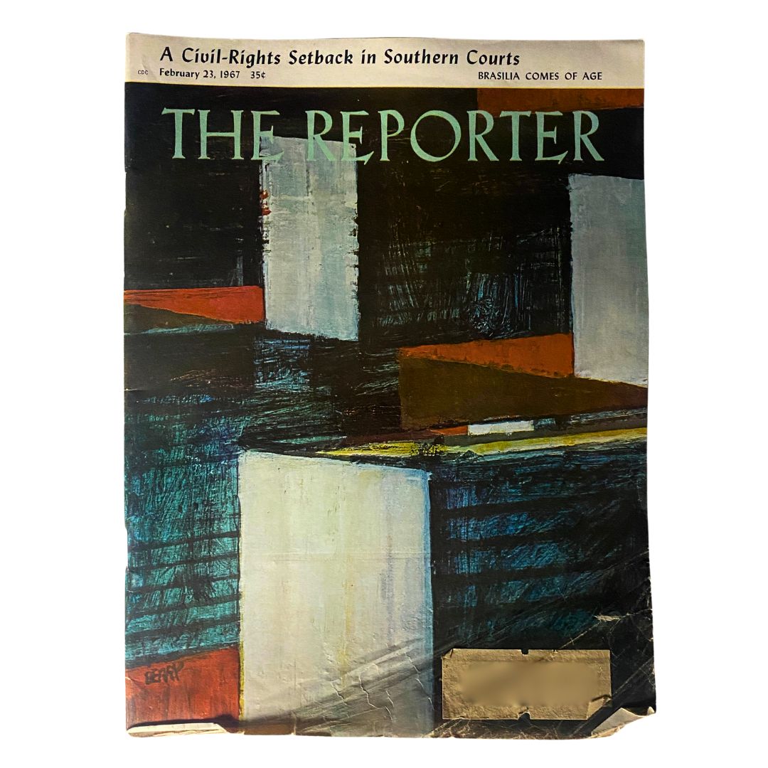 Cover of the vintage Reporter magazine dated February 23, 1967, featuring the title 'The Reporter' with the subtitle 'Brasilia Comes of Age' and artwork showcasing abstract shapes and colors indicating a modern artistic style.