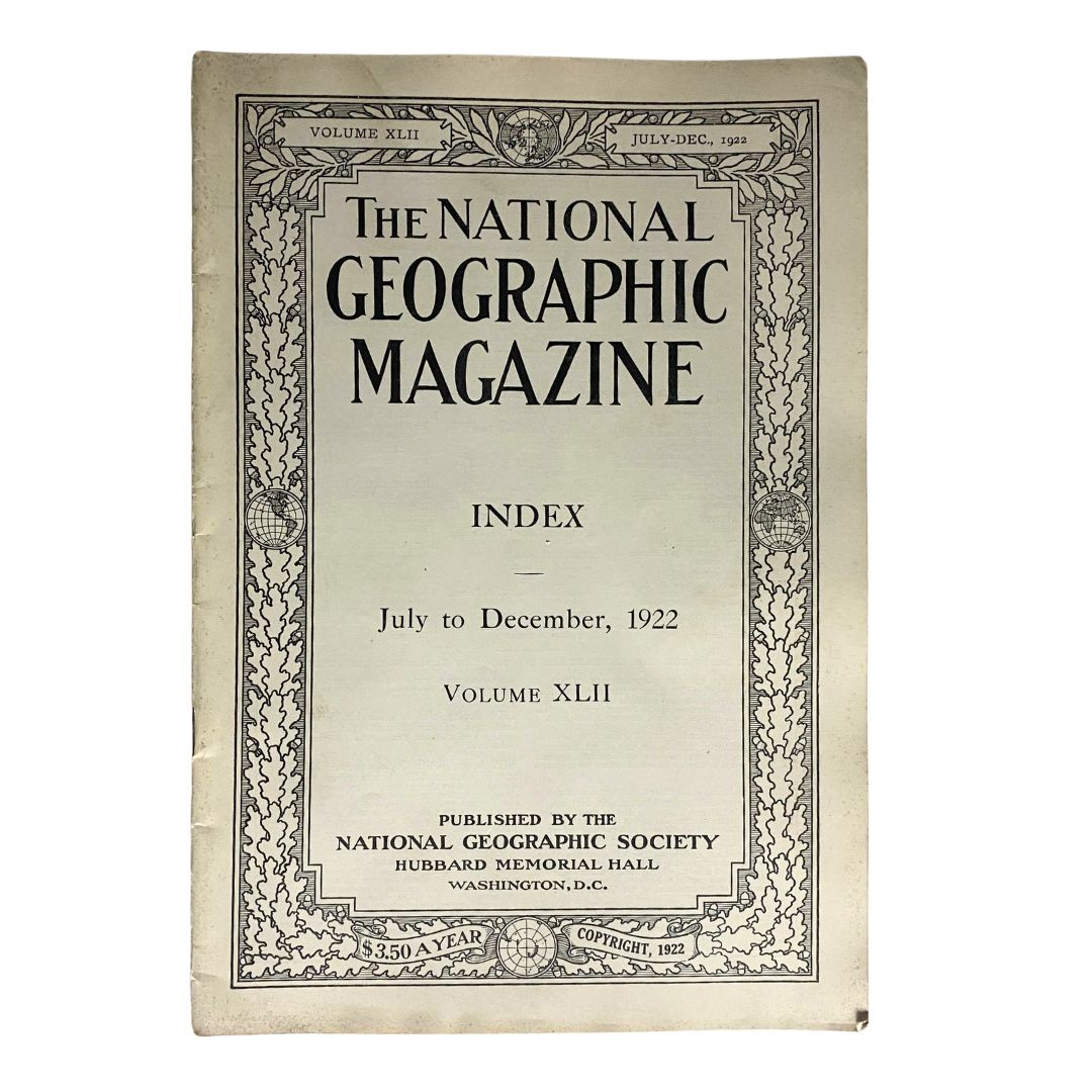 Cover page of National Geographic Magazine July-December 1922 Volume XLII Index, featuring the title and publication details.