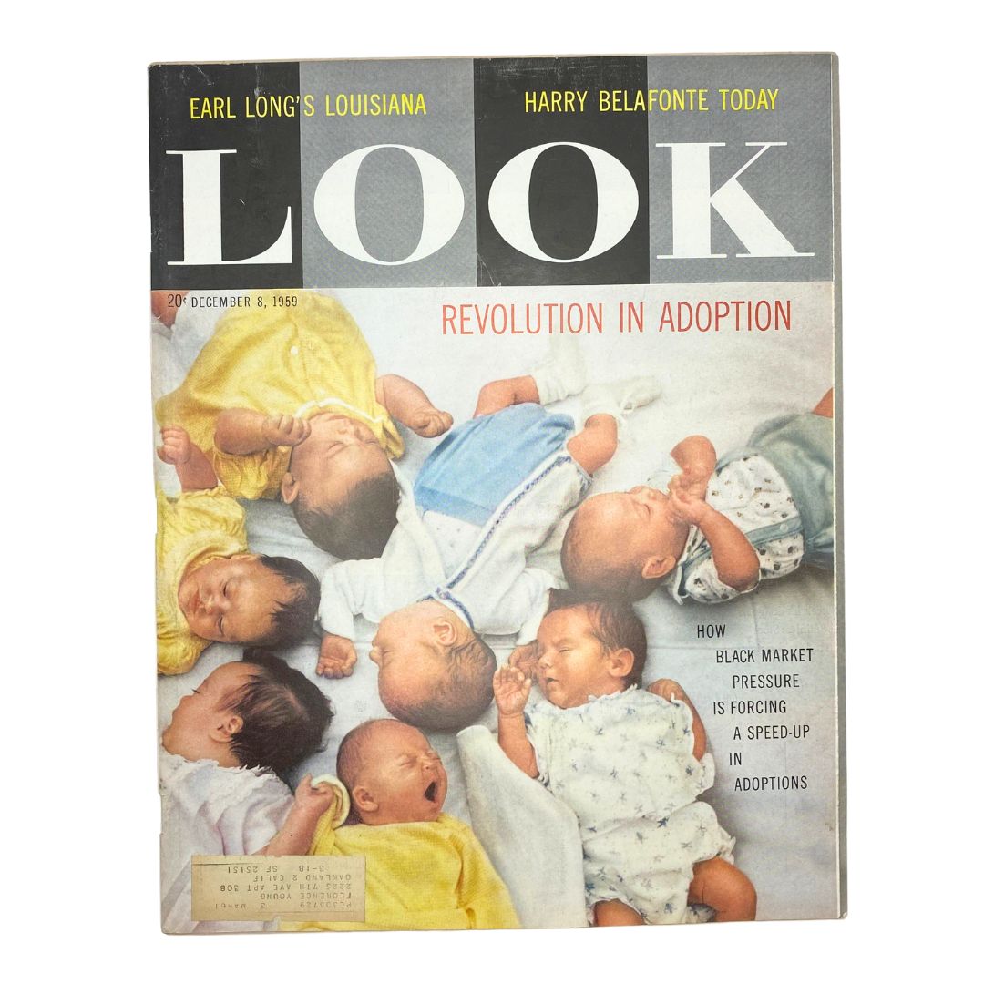 Look Magazine December 8 1959, featuring a cover image of multiple sleeping infants under the title 'Revolution in Adoption'.