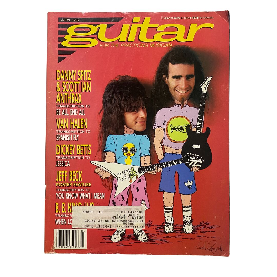 Guitar for the Practicing Musician Magazine April 1989 cover featuring Danny Spitz and Scott Ian of Anthrax, showcasing vibrant colors and music themes.