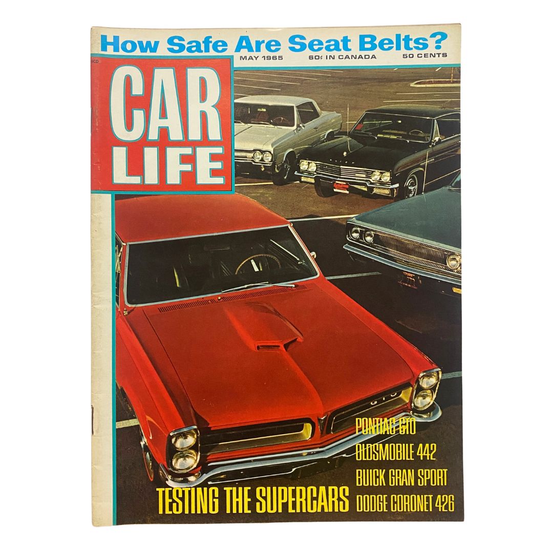 Cover of VTG Car Life Magazine May 1965 featuring Pontiac GTO and Oldsmobile 442, showcasing classic supercars.
