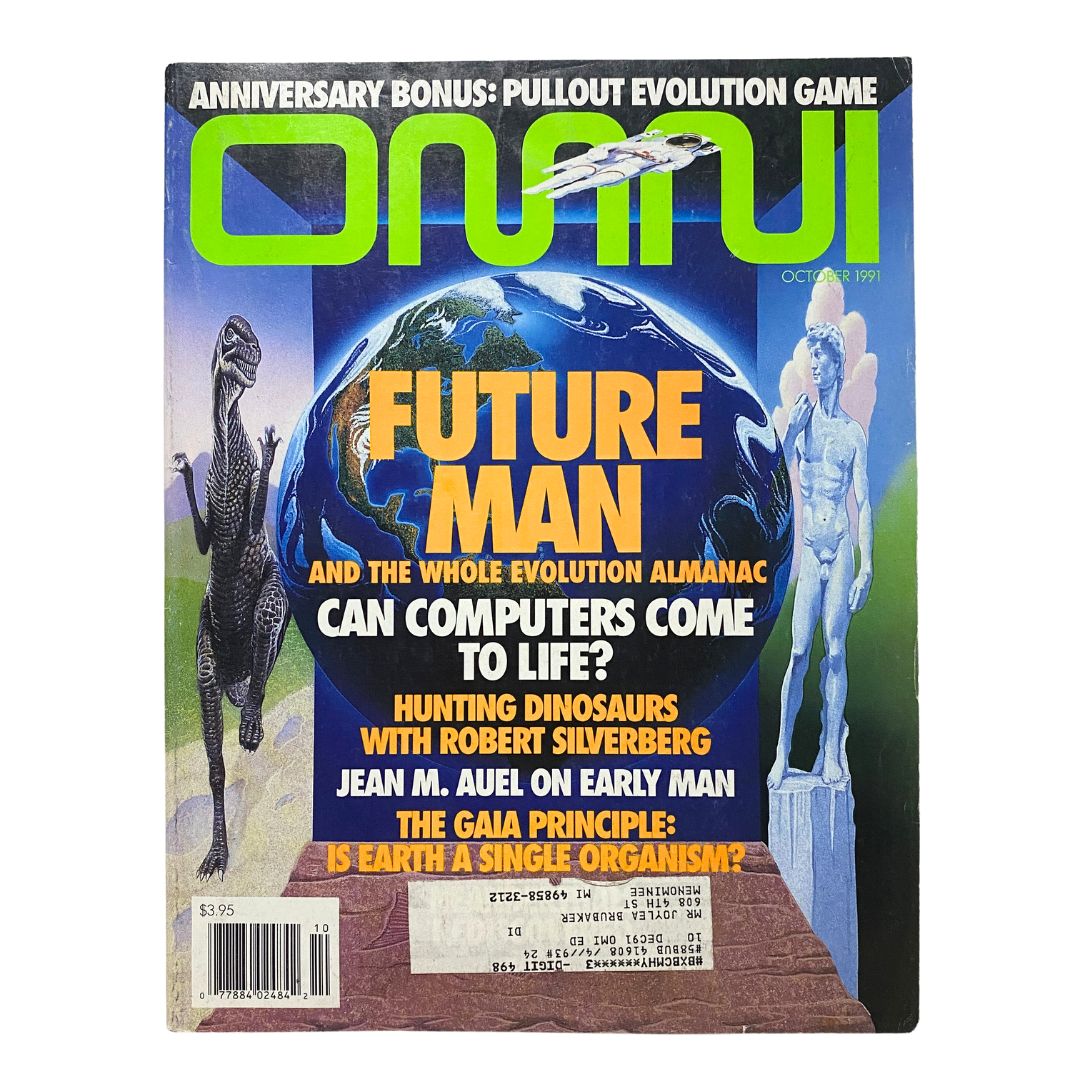 Cover of Omni Magazine October 1991 Vol 14 No. 1 featuring the theme 'The Whole Evolution Almanac', showcasing a globe with futuristic imagery and headlines about evolution, computers, and hunting dinosaurs.