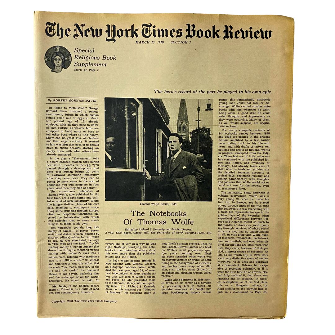 The New York Times Book Review March 15 1970 front cover featuring Thomas Wolfe and a literary review inside. This iconic publication is a collector's item for literary enthusiasts.