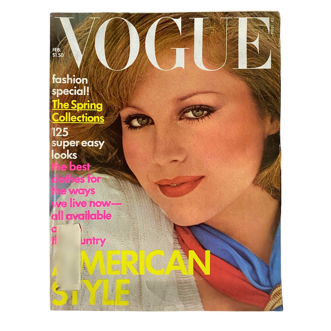 VTG Vogue Magazine February 1976 Cover featuring Rosie Vela captured by Arthur Elgort, showcasing the fashion of the era with vibrant colors and classic styling.