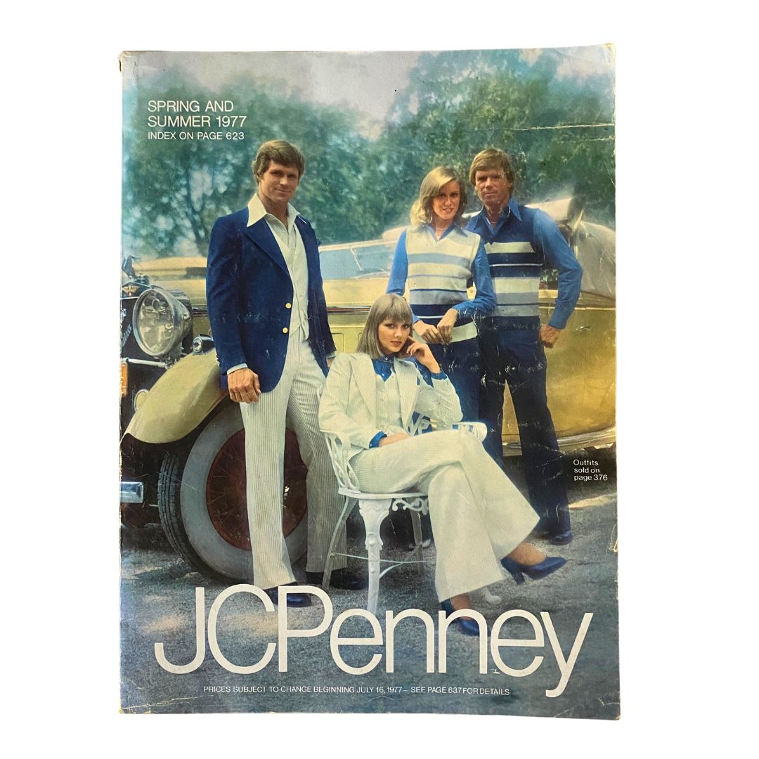 Cover of JC Penney Spring and Summer 1977 Outfits Catalog featuring four models in stylish apparel near a vintage car.