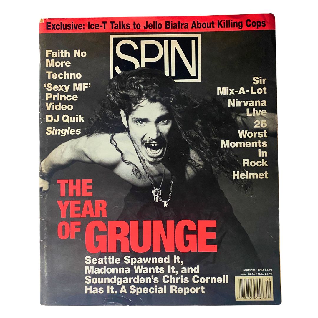 Spin Magazine September 1992 cover featuring Chris Cornell, titled 'The Year of Grunge', highlighting the rise of grunge music and Seattle's influence on rock.