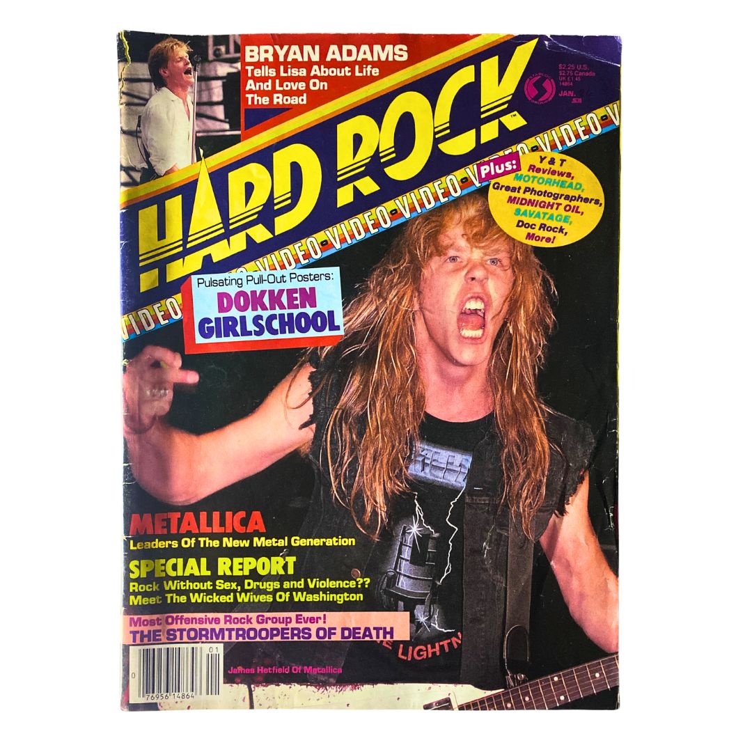Cover of Hard Rock Video Magazine January 1986 featuring Metallica. This vibrant magazine showcases the heavy metal band's leadership in the rock scene, along with images of other music icons.