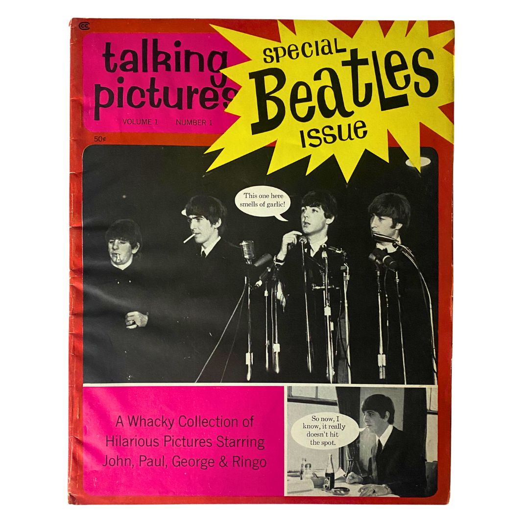 Vintage Talking Pictures Magazine from 1964, Volume 1, Number 1, Special Beatles Issue featuring iconic images of The Beatles with humor captions and a bright pink and yellow cover design.