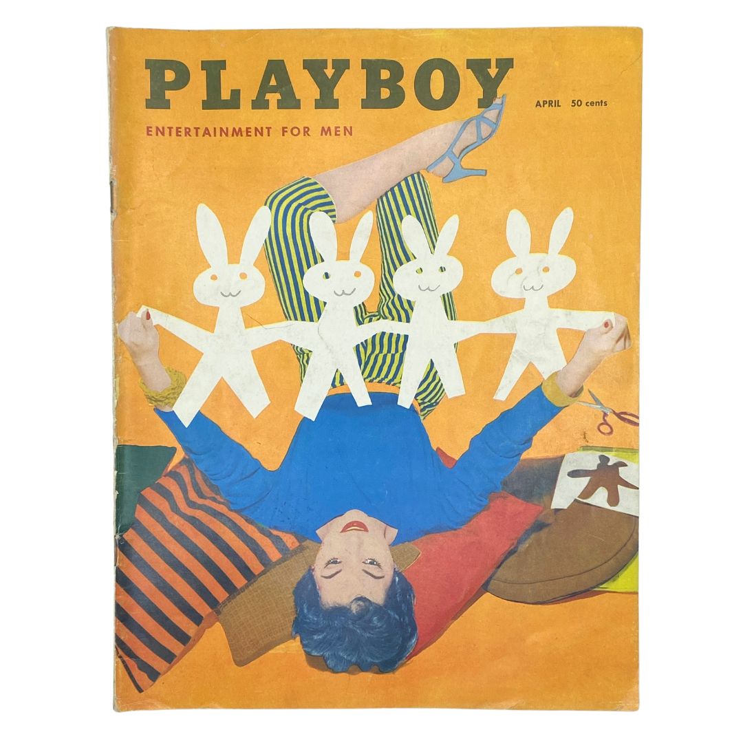 VTG Playboy Magazine April 1955 cover featuring Marilyn Waltz, showcasing vibrant colors and playful design with a vintage aesthetic.